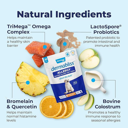 Vetnique DermaBliss Dog Allergy Chews for Seasonal Allergy Itch Relief, Skin & Gut Health with Probiotics and Omega 3 Blend - Advanced or Regular Strength (30ct, Regular Strength Chews)