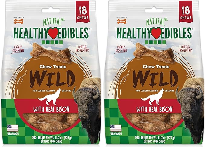 Nylabone Healthy Edibles Wild Natural Dog Chew Treats, Bison Flavor, Small Dogs Up to 20 lbs - Made in USA (16 Count) (Pack of 2)