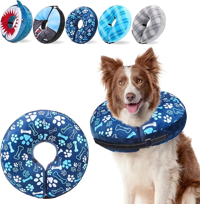 SCENEREAL Dog Cone Alternative After Surgery Donut Collar, Soft Pet Recovery Pillow Collar for Medium Large Dogs, Inflatable Adjustable Neck Collars to Prevent Licking, Bone and Paw Print E-Collars