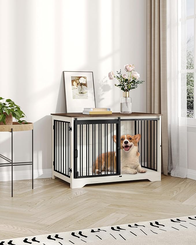 Hzuaneri 39.4" Heavy Duty Dog Crate Furniture with Barn Door, Wood Indoor Dog Crate Kennel for Small/Medium/Large Dogs, End Side Table, TV Stand, Anti-Chew Anti-Escape, White Brown DFC02314B