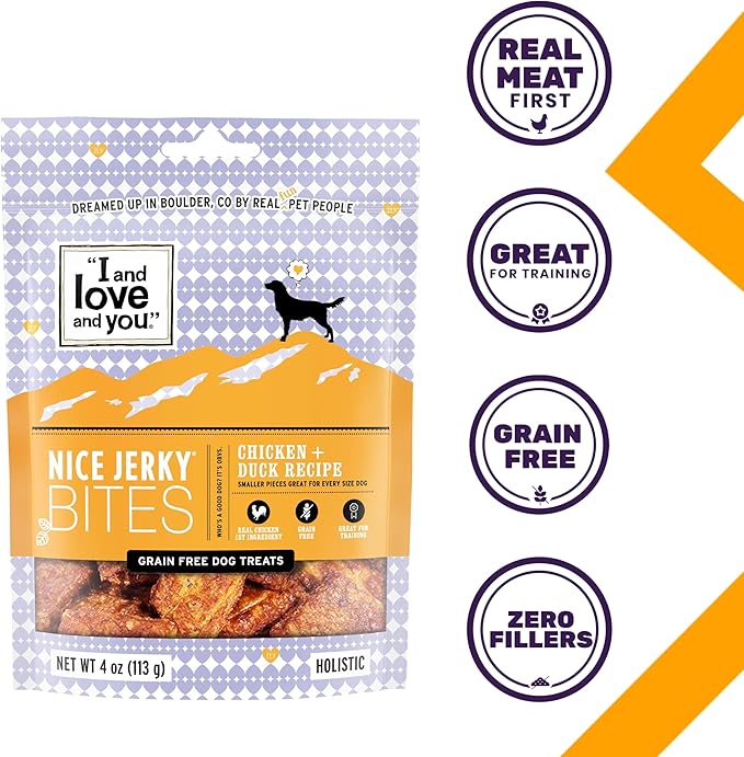I and love and you Nice Jerky Bites - Grain Free Dog Treats, Chicken + Duck, 4-Ounce, Pack of 1
