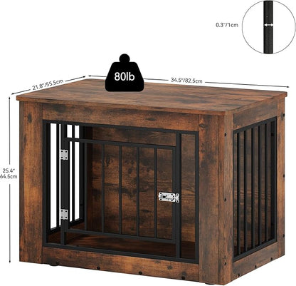 YITAHOME 32.5" L Dog Crate Furniture for Medium Dogs, 2-in-1 Iron-Wood Fusion Dog cage Indoor up to 40 lb, Side End Table, Modern Dogs Kennel with Waterproof Top, Safety Corners,Steel Lock,Rustic