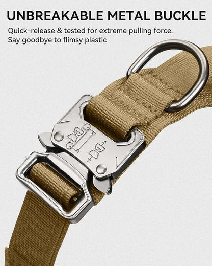 Joytale Tactical Dog Collar with Handle and Metal Buckle, Heavy Duty Padded Military Collar with 2 Patches for Training, Adjustable for XLarge Dogs, Khaki, XL