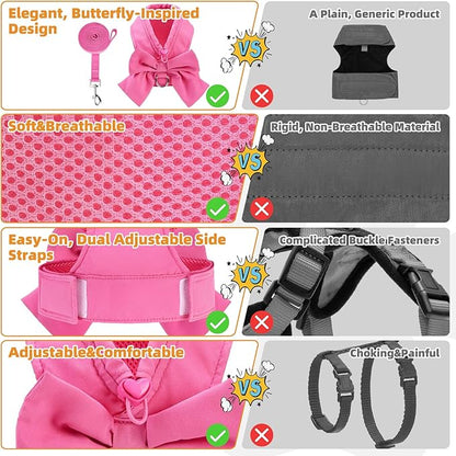 KOOLTAIL Small Dog Harness and Leash Set, Cute Puppy Vest Harnesses with Bowtie for Girl Outfit, Step in No Pull Soft Mesh Padded Adjustable Pet Harness for Extra-Samll Medium Dogs Cats, XS S, Pink M