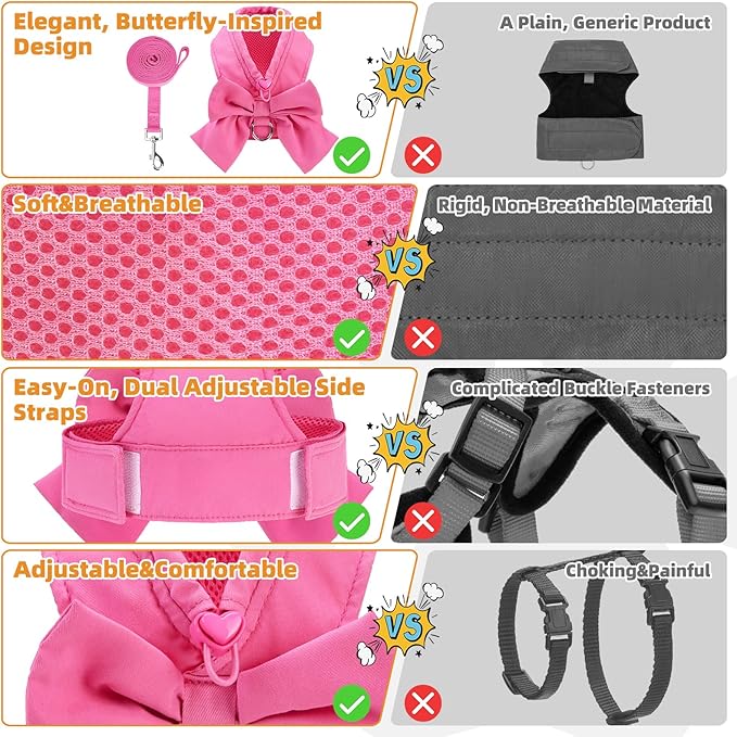KOOLTAIL Cute Cat Harness and Leash Set with Bowtie, Small Dog Vest Harnesses for Girl Outfit, Step in No Pull Soft Mesh Padded Adjustable Pet Harness for Extra-Samll Medium Puppy Kitten, Pink XS