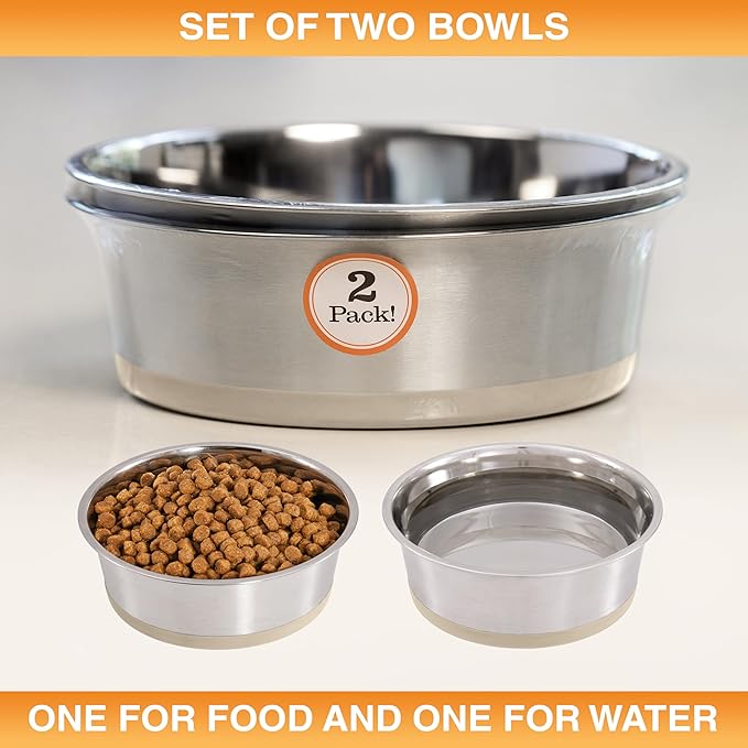 Neater Pet Brands Stainless Steel Dog Bowls with Non-Slip Rubber Bottom – 3 Cup (24 oz), Tan - Set of 2 Heavy Duty Metal Dog Bowls, Dishwasher Safe, Food or Water Bowl, Ideal for Small to Medium Dogs