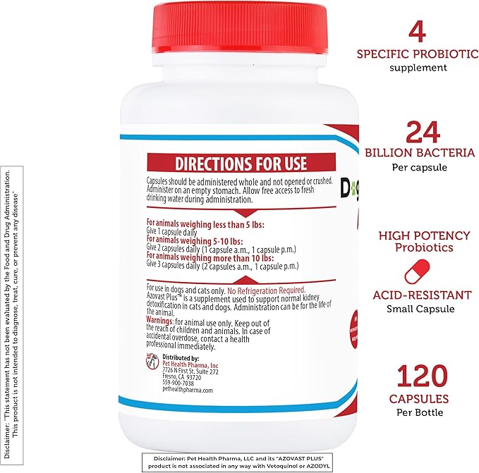 Azovast Plus Kidney Probiotic Supplement for Dogs Cats -24 Billion CFU- NO Refrigeration Required, Help Support Kidney Function, CKD, Manage Renal Toxins, Renal Kidney Support for Pet(U.S.A)(120 Caps)