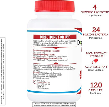 Azovast Plus Kidney Probiotic Supplement for Dogs Cats -24 Billion CFU- NO Refrigeration Required, Help Support Kidney Function, CKD, Manage Renal Toxins, Renal Kidney Support for Pet(U.S.A)(120 Caps)