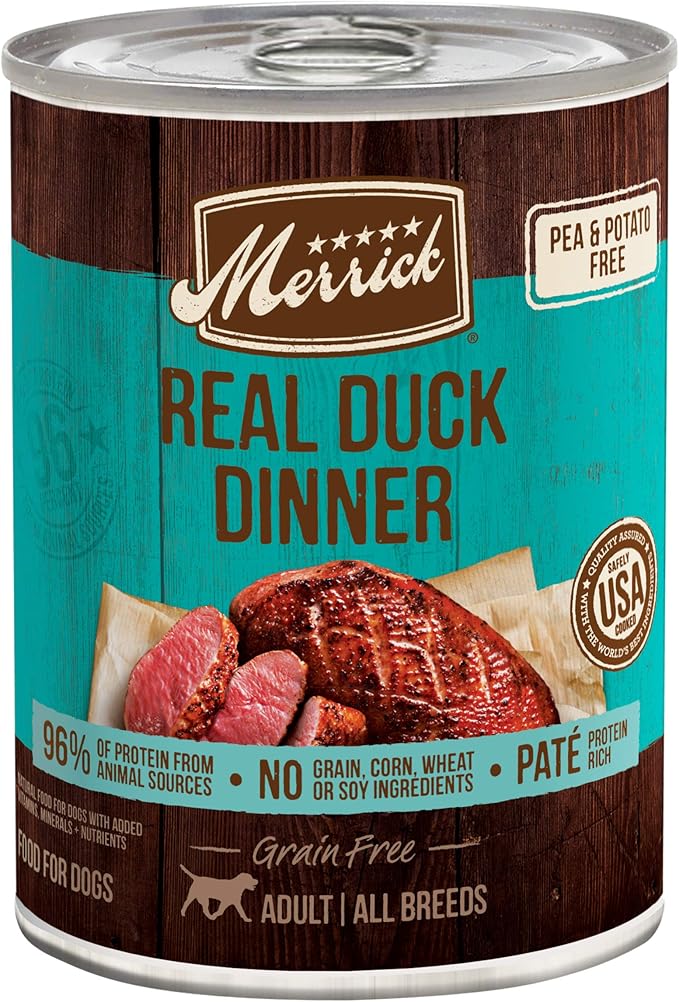 Merrick Grain Free Canned Dog Food, Real Duck Dinner Recipe With Added Vitamins and Minerals, 12.7 oz. Can