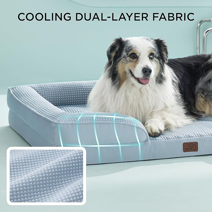 Bedsure L Plus Cooling Dog Bed for Large Dogs - Orthopedic Dog Cat Cooling Bed Washable, Big Comfort Dogs Couch Sofa with Waterproof Removable Cover, Pet Bed with Nonskid Bottom, Cooling Blue, 38"