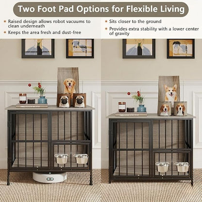 Hadulcet Foldable Dog Crate Furniture, No Assembly Indoor Dog Kennel with Storage Top, Wooden Dog Crate Table for Small to Medium Dogs (Up to 30 lbs), 27.55” Furniture Style Dog Cage with 2 Bowls Gray