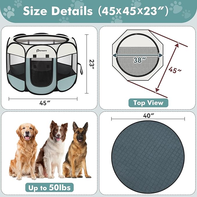 Dog Cat Playpen Indoor Outdoor for Puppy Pet Dogs Cat Recovery After Surgery, Dog Tent Crates Cage Indoor/Outdoor, Portable Pop Up Kennel with Carrying Case for Travel (Grey with Pad, Large)