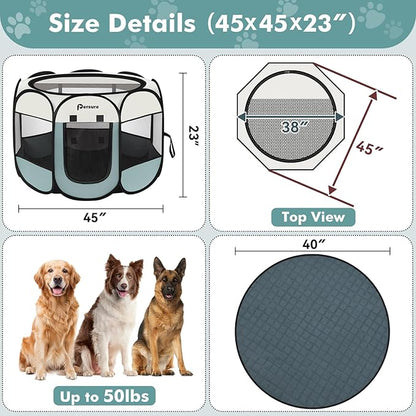 Dog Cat Playpen Indoor Outdoor for Puppy Pet Dogs Cat Recovery After Surgery, Dog Tent Crates Cage Indoor/Outdoor, Portable Pop Up Kennel with Carrying Case for Travel (Grey with Pad, Large)