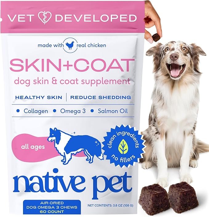 Native Pet Skin & Coat Chews - Omega 3 Fish Oil for Dogs Skin & Coat Supplement - Itch Relief, Shiny Fur & Shedding Support - Collagen, Hyaluronic Acid, Biotin, Probiotics & Salmon Oil - 60 Chews