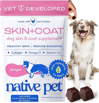 Native Pet Skin & Coat Chews - Omega 3 Fish Oil for Dogs Skin & Coat Supplement - Itch Relief, Shiny Fur & Shedding Support - Collagen, Hyaluronic Acid, Biotin, Probiotics & Salmon Oil - 60 Chews