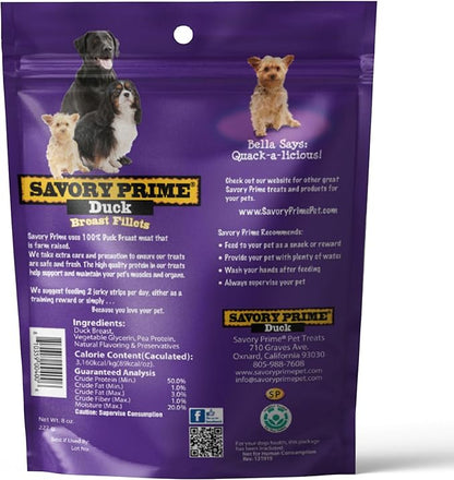 Savory Prime Duck Jerky Dog Treats, Made with 100% Real Duck Breast, Farm Raised, Healthy, Easily Digestible, High Protein, Satisfies Dog's Urge to Chew, 8 Ounce (Pack of 1)