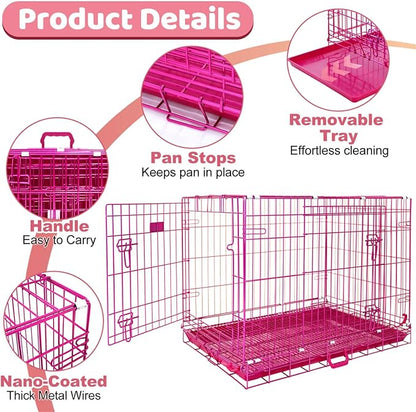 HOMEY PET 36 Inch Dog Crate, Cute Pink Dog Cage Collapsible Medium Dog Kennel Indoor, Nano-Coated Metal Wire Dog Crate with Removable Floor Grid Tray, Double Doors Dual Locks, Portable Handle