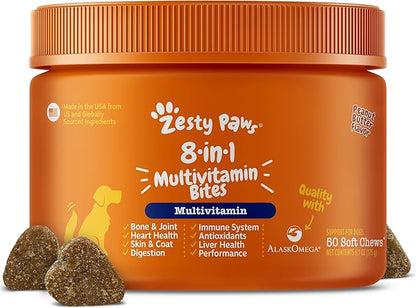 Zesty Paws Dog Multivitamin, Chewable Dog Vitamins and Supplements for Hip & Joints, Skin & Coat, Omega 3 Fish Oil for Dogs- Senior & Puppy Multivitamin- Peanut Butter- 50ct