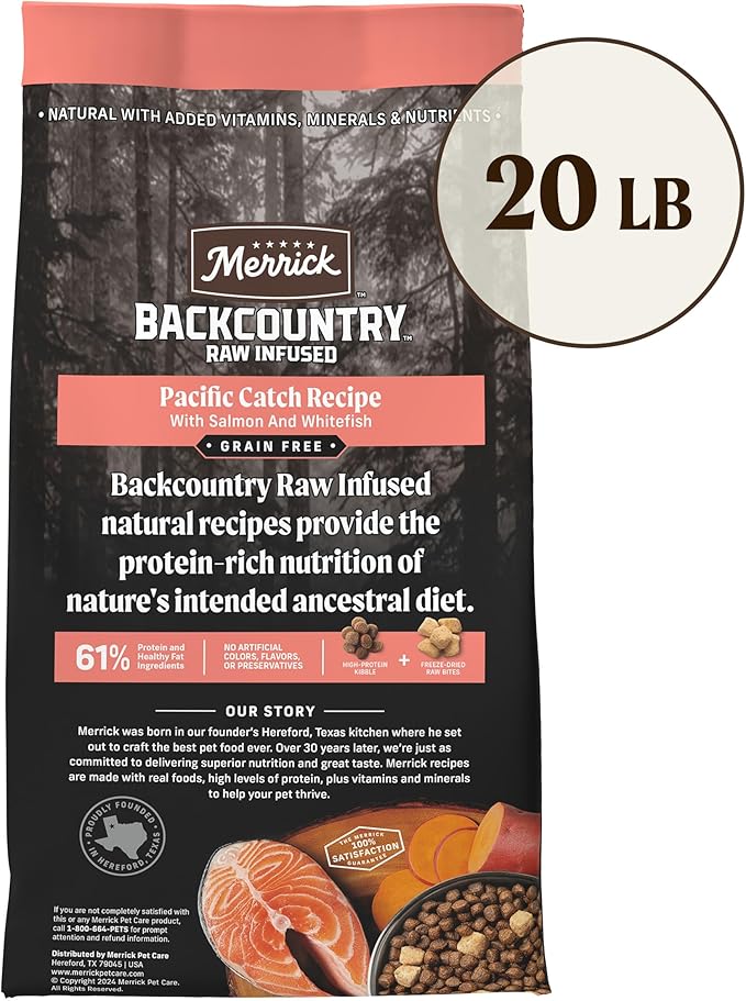 Merrick Backcountry Grain Free Dry Adult Dog Food, Kibble With Freeze Dried Raw Pieces, Pacific Catch With Salmon - 20.0 lb. Bag