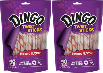 Dingo Twist Sticks, Premium Rawhide Treats for Dogs Made with Real Chicken, 50 Count (Pack of 2)