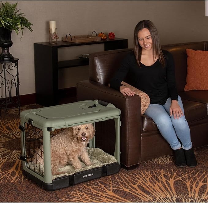Pet Gear “The Other Door” 4 Door Steel Crate for Dogs/Cats with Garage-Style Door, Includes Plush Bed + Travel Bag, No Tools Required, Willow, 27 Inch