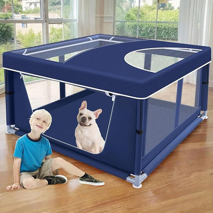 XVISHX 42x42 Inch Puppy Playpen with Cover, Dog Playpen for Puppies or Small Dogs, Pet Fence for Indoor & Outdoor, Sturdy Safety DogPen with Thickened Fabric, High-Strength Nylon Wire Mesh, Blue