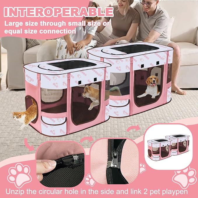 Foldable Dog Playpen Indoor,Expandable Puppy Playpen,Portable Pet Playpen for Small Animals,Waterproof Exercise Kennel Tent Crate for Travel,Camping, Home & Outdoor Use (M 31"L x 22"W x 21"H, Pink)