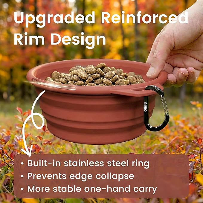 OHMO Collapsible Dog Water Bowls w/Built-in Stainless Steel Ring – 2pcs Large 27oz/800ml Portable Silicone Pet Feeding Bowl for Hiking, Camping, Travel