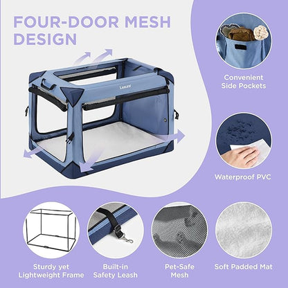 Lesure Collapsible Dog Crate - Portable Travel Kennel for Medium Dog, 4-Door Pet Crate with Mesh Windows, Indoor & Outdoor, Blue