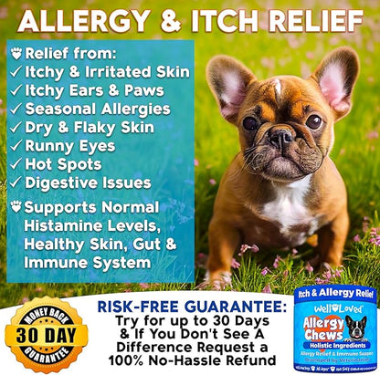 Well Loved Dog Allergy Chews - Dog Allergy Relief, Itching Skin Relief, Hot Spot Treatment & Seasonal Allergies, Vet Developed, Anti Itch Skin Irritation Treatment, Made in USA, 120 Chews