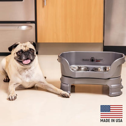 Neater Feeder Deluxe Mess-Proof Elevated Dog Bowls for Small Dogs (Up to 19 lbs), 2 Height Adjustable (6” & 7.5”) No-Spill Raised Dog Bowl Stand, Stainless Steel Food Bowl Set, Made in USA, Grey