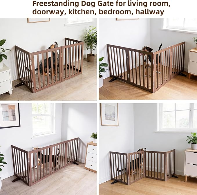 ZJSF Freestanding Indoor Dog Gate for House Foldable Wood Puppy Gate for Doorways Pet Gate for Stairs Extra Wide Pet Fence, Brown, 24" Height 4 Panels