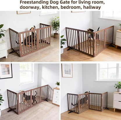 ZJSF Freestanding Indoor Dog Gate for House Foldable Wood Puppy Gate for Doorways Pet Gate for Stairs Extra Wide Pet Fence, Brown, 24" Height 4 Panels