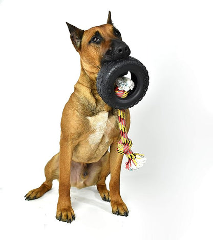 Mammoth Pet Products TireBiterII with Cotton-Poly Rope-Natural Rubber Dog Toys for Extreme Chewers-Dog Toys for Extra Long Interactive Play-Aggressive Chewer Toys for Large-X-Large 7" Black (35018F)