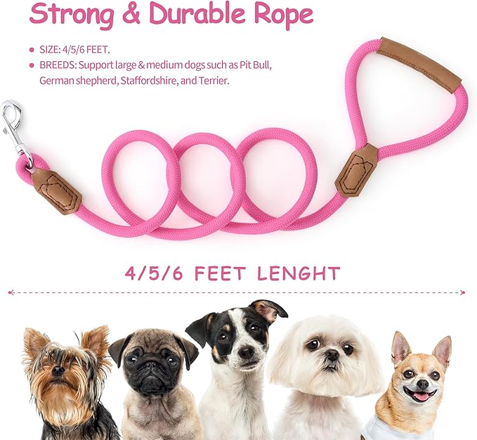 Mile High Life Leather Dog Leash, Heavy Duty Strong Genuine Leather Handle Rope Leash Soft and Comfortable for Small Medium Large Dogs (Hot Pink, 48 Inch)