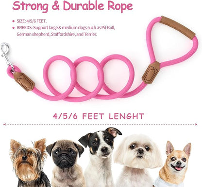 Mile High Life Leather Dog Leash, Heavy Duty Strong Genuine Leather Handle Rope Leash Soft and Comfortable for Small Medium Large Dogs (Hot Pink, 48 Inch)
