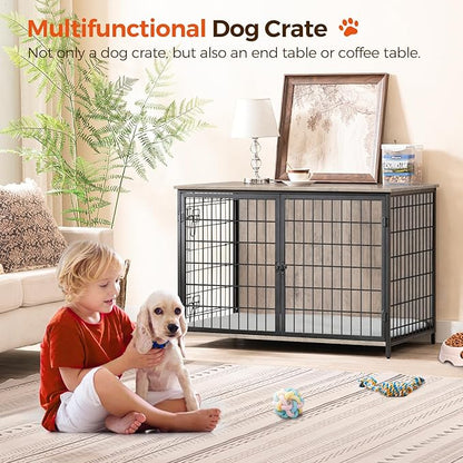 MAHANCRIS Dog Crate Furniture with Cushion, Wooden Dog Kennel with Double Doors, Heavy Duty Dog Cage for Small/Medium/Large Dogs, Indoor Dog House End Table, 39.4" L, Greige DCHG10701