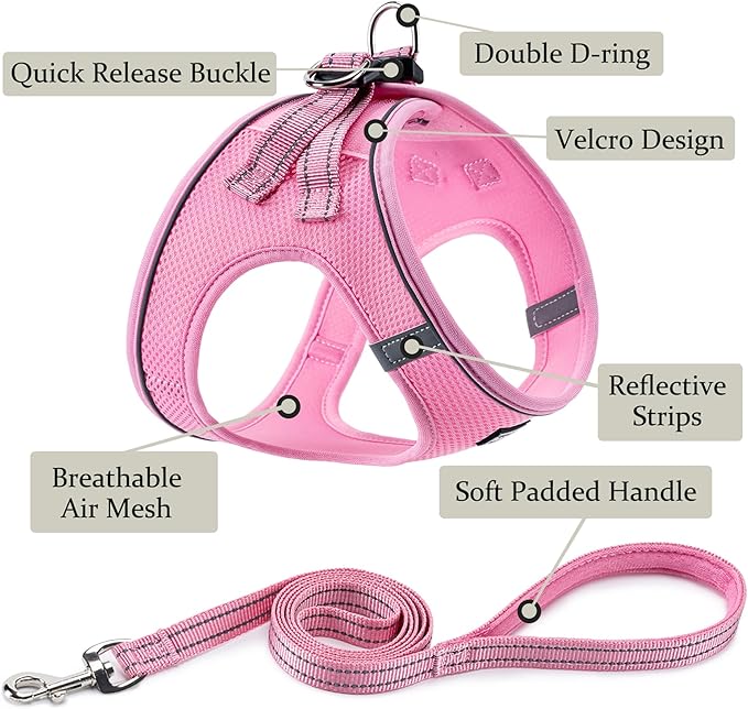 BOOMIBOO Dog Harness with Leash Set, No Pull Adjustable Reflective Step-in Puppy Pet Vest Harnesses for Small Medium Large Dogs and Cats,Pink S