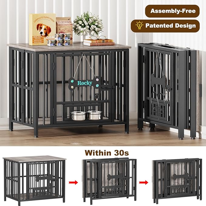 Easycom 31" Dog Crate Furniture Foldable, No Assembly Decorative Dog Kennel Indoor, Dog Crates for Medium Dogs(20-35 lb), Wooden Dog Cage with Adjustable Bowls and Name Tag, End Table, Oak Grey
