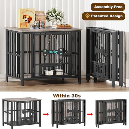 Easycom 31" Dog Crate Furniture Foldable, No Assembly Decorative Dog Kennel Indoor, Dog Crates for Medium Dogs(20-35 lb), Wooden Dog Cage with Adjustable Bowls and Name Tag, End Table, Oak Grey