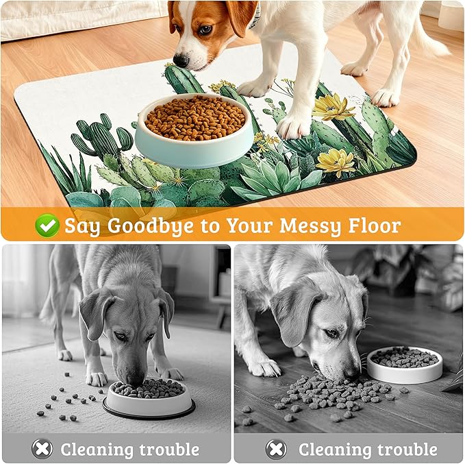 Tropical Cactuses Feeding Mat,Blooming Succulents Absorbent Quick-Dry Cat Dog Food and Water Bowl Mats,Non-Slip Rubber Backing Mat,Cat Dog Accessories Supplies 12" x 20"