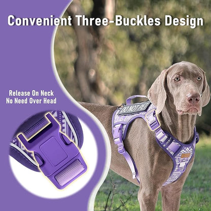AUNZO Tactical Dog Harness for Large Dogs No Pull Easy Walking Adjustable Pet Harness Reflective K9 Working Training Easy Control Pet Vest Military Service Dog Harnesses Purple Ethnic L