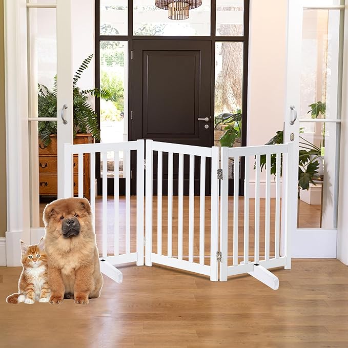 LZRS Freestanding Dog Gate 30 inch Tall - 3 Panels Solid Wooden Pet Gate for Doorways, Stairs & Hallways, Expandable & Foldable with Support Feet，Indoor Use,White