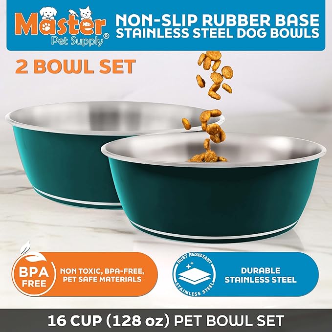 Master Pet Supply Stainless Steel Dog Bowls Set of 2 (128 Oz Each) with Non-Slip Rubber Base - Emerald Sea - Basic Dog Food Bowl Water & Food Bowls for Small Medium Large Dogs & Cats, Metal Dish