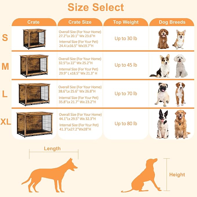 Vongrasig Dog Crate Furniture, Side End Table, Modern Wooden Kennel for Dogs Indoor, Heavy-Duty Dog Cage with Multi-Purpose Removable Tray, Double-Door Dog House, Rustic Brown