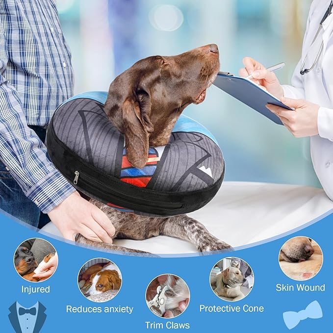 SCENEREAL Dog Cone Alternative After Surgery Pet Recovery Collar for Small Medium Large Dogs Cats, Adjustable Inflatable Donut to Prevent Licking, Black Suit Print E-Collars