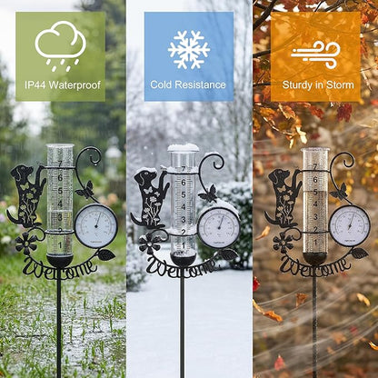 Rain Gauge Outdoor with Thermometer, 7" Capacity Detachable Rain Gauges Outdoors Best Rated with Stake, Cute Dog with Flowers & Butterflies Design Decorative for Garden Yard, Easy-Read Durable