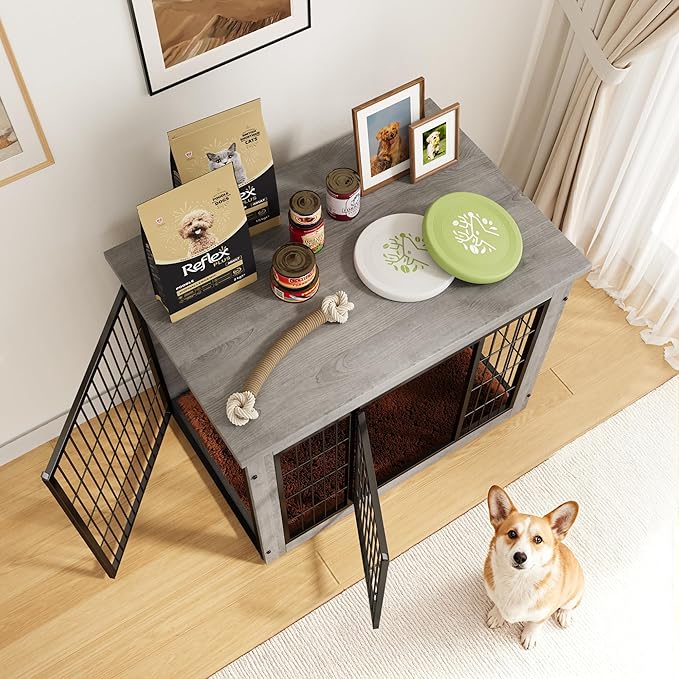 Greesum Modern Dog Crate Furniture That Doubles as a Side Table - Sturdy Wooden Kennel with Double Door Design, Equipped with Soft Cushion & Chew-Resistant Resign, Suitable for Dogs