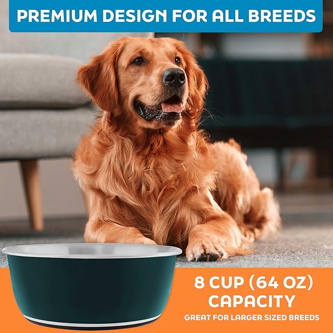 Master Pet Supply Stainless Steel Dog Bowls Set of 2 (64 Oz Each) with Non-Slip Rubber Base - Emerald Sea - Basic Dog Food Bowl Water & Food Bowls for Small Medium Large Dogs & Cats, Metal Dish