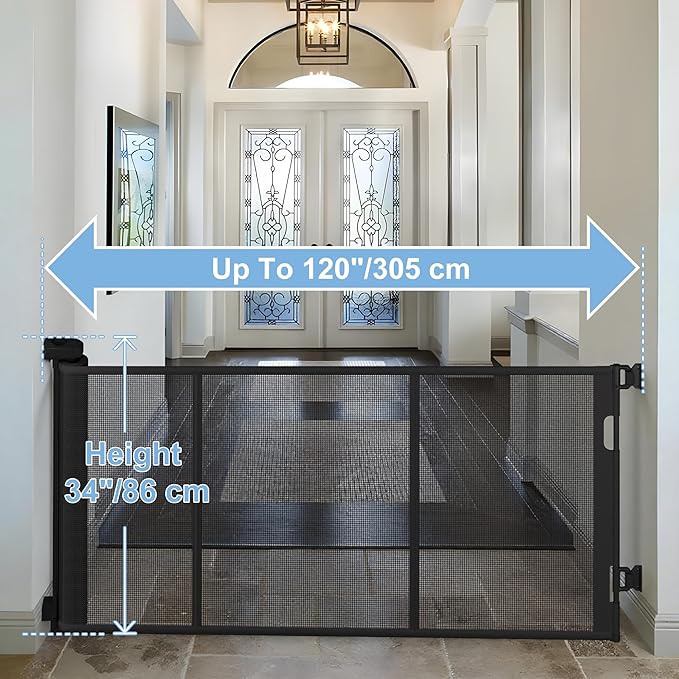 120 inches Extra Wide Baby Gate, 34 inches Tall Retractable Pet Gate for Large Openings, Hallways, Room Dividers, Mesh Safety Barrier for Indoor Outdoor Use, White